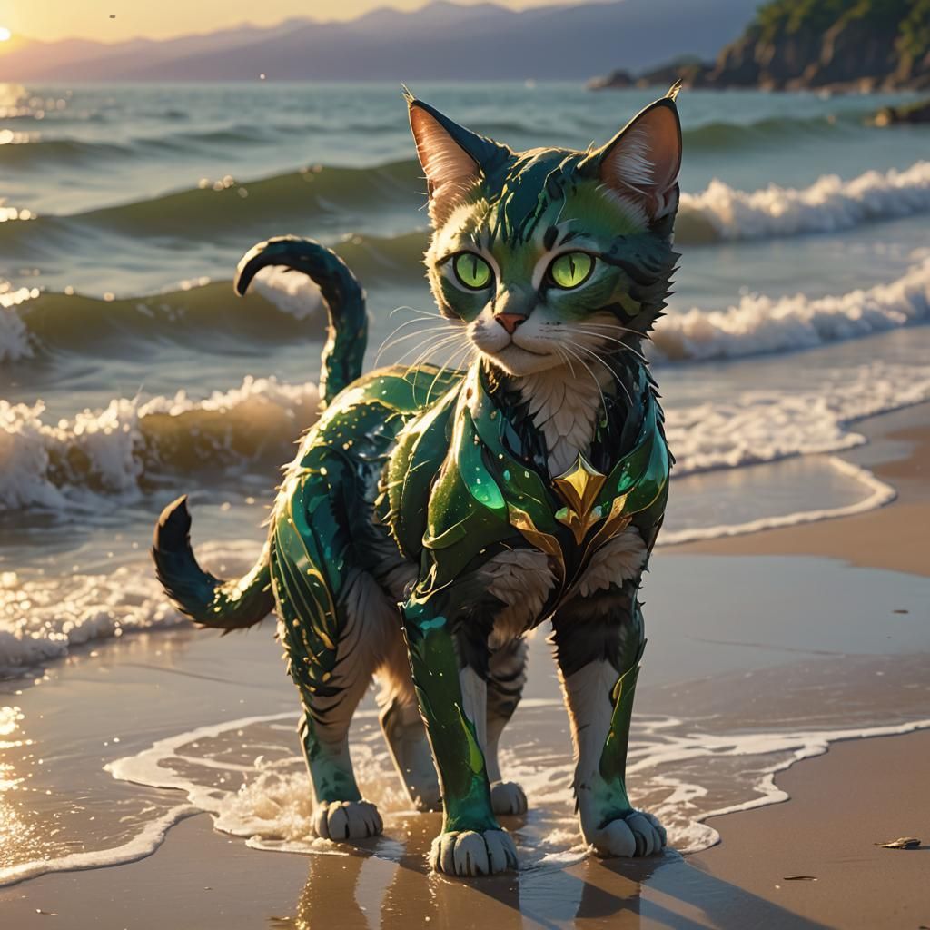 Alien Cat Woman on Seashore in Anime Style