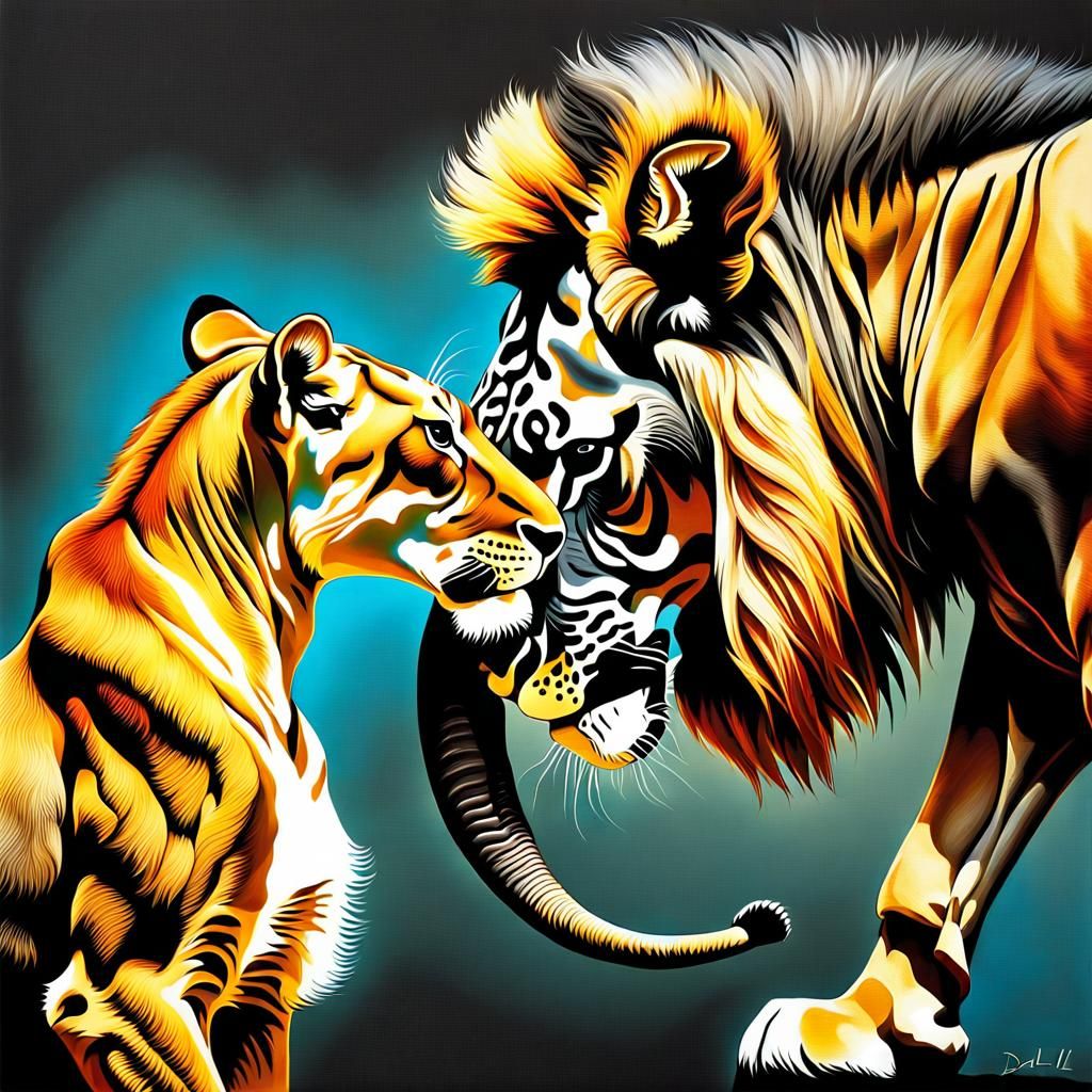 Surreal Lion and Giraffe Kissing: Double Exposure