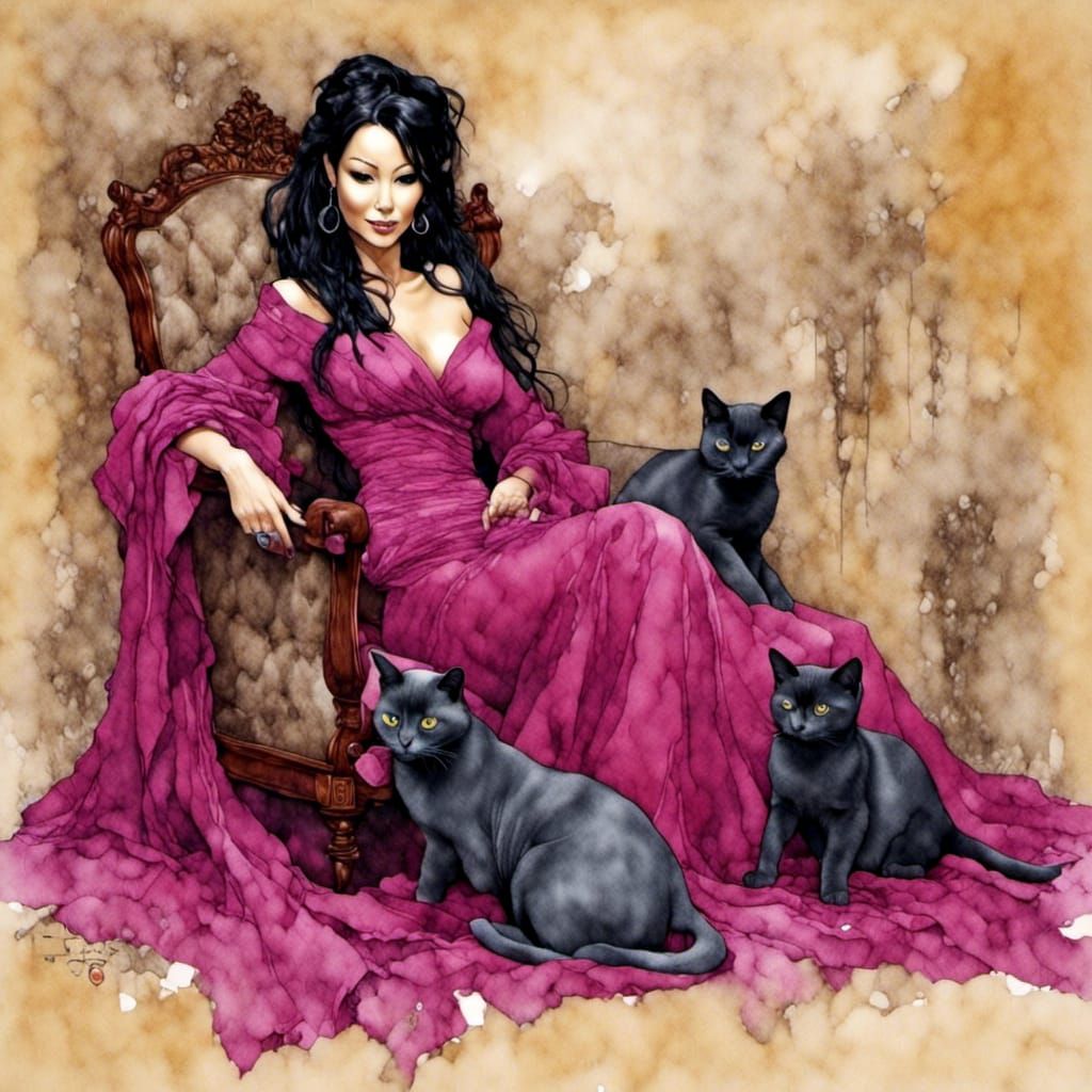 Watercolor Portrait of Woman with Burmese Kittens