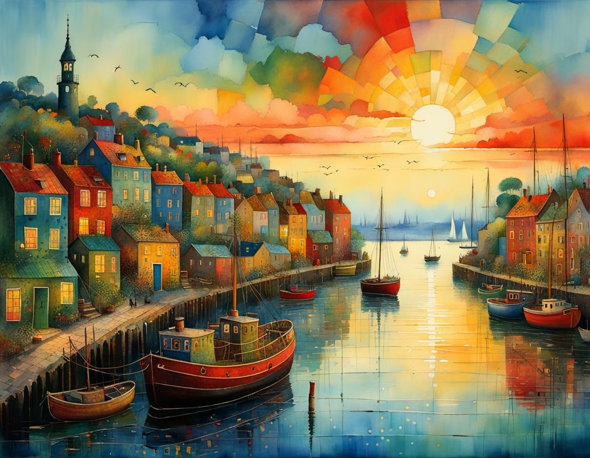 Whimsical Dawn Harbor in Patchwork Illustration Art