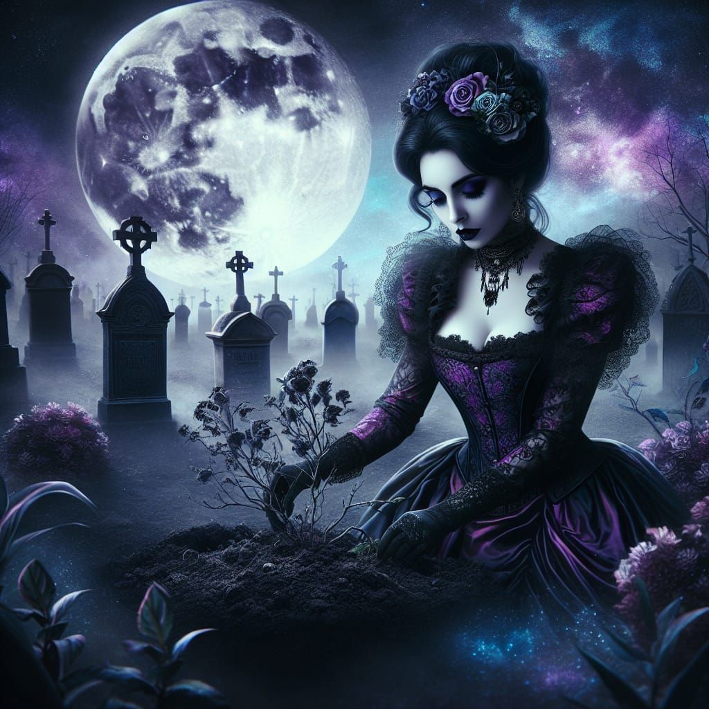 Gothic Woman Night Gardening in Graveyard Digital Art
