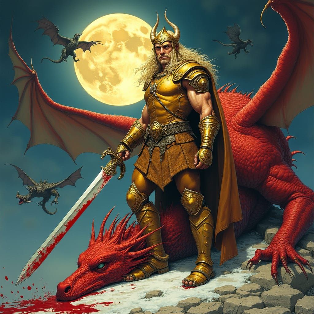 Victorious Norse Warrior with Slain Dragon