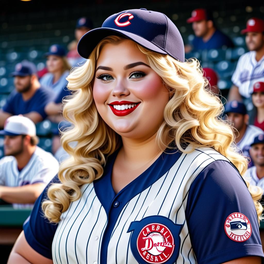 Curvy Woman in Pinstripe Baseball Uniform