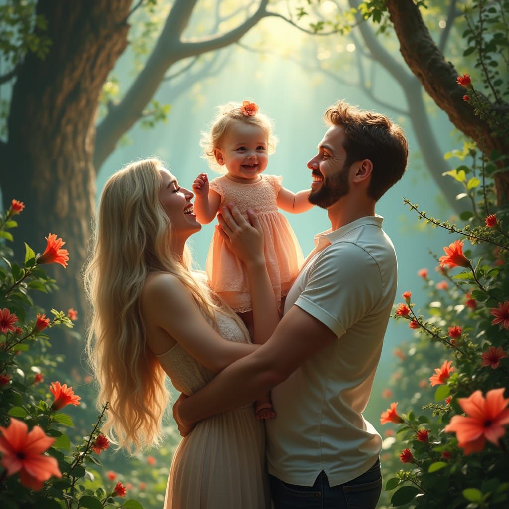Joyful Family in Dream Garden, as High Fantasy Art