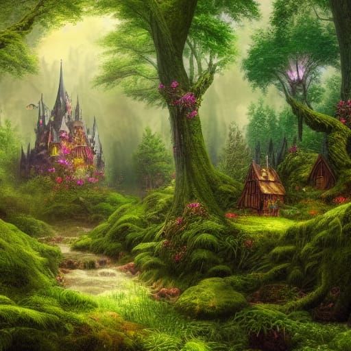 Fairy Castle in Lush Green Fantasy Forest