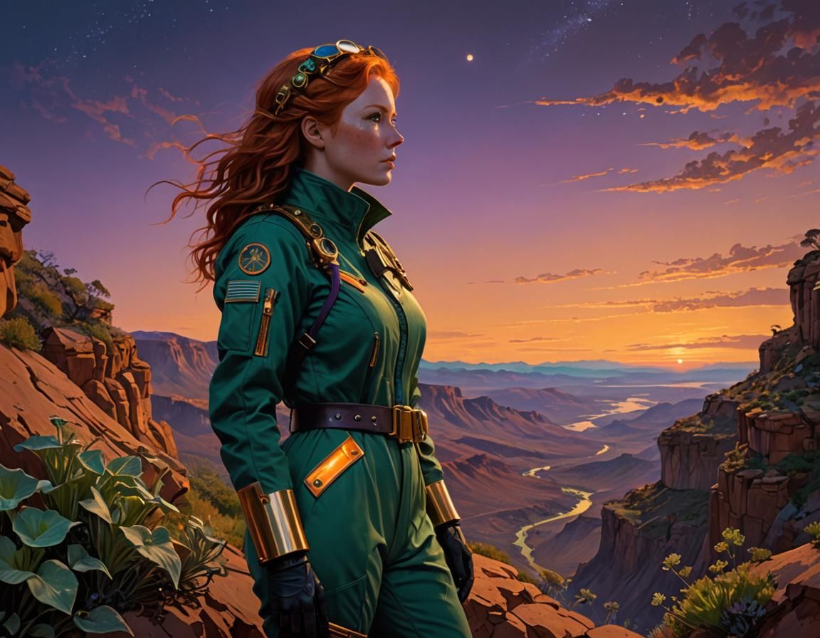 Woman in Biomechanical Flight Suit on Alien Planet