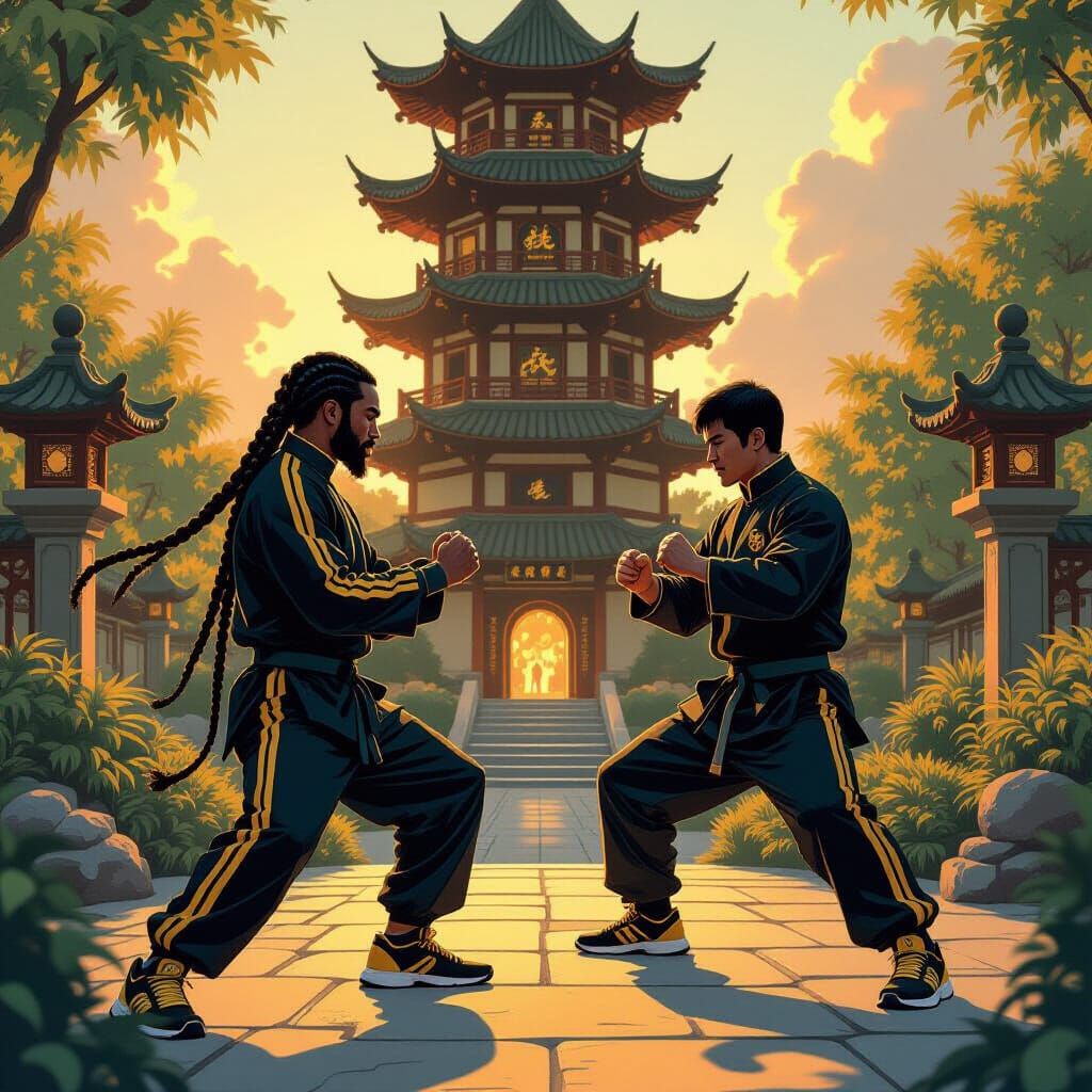 Martial Arts Training With Bruce Lee in Concept Art Style