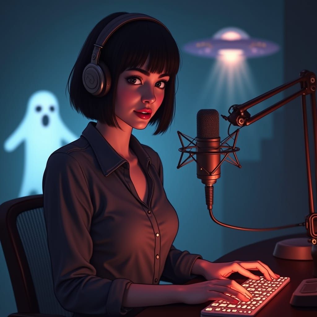 Galactic Radio Host with Spooky UFO Backdrop