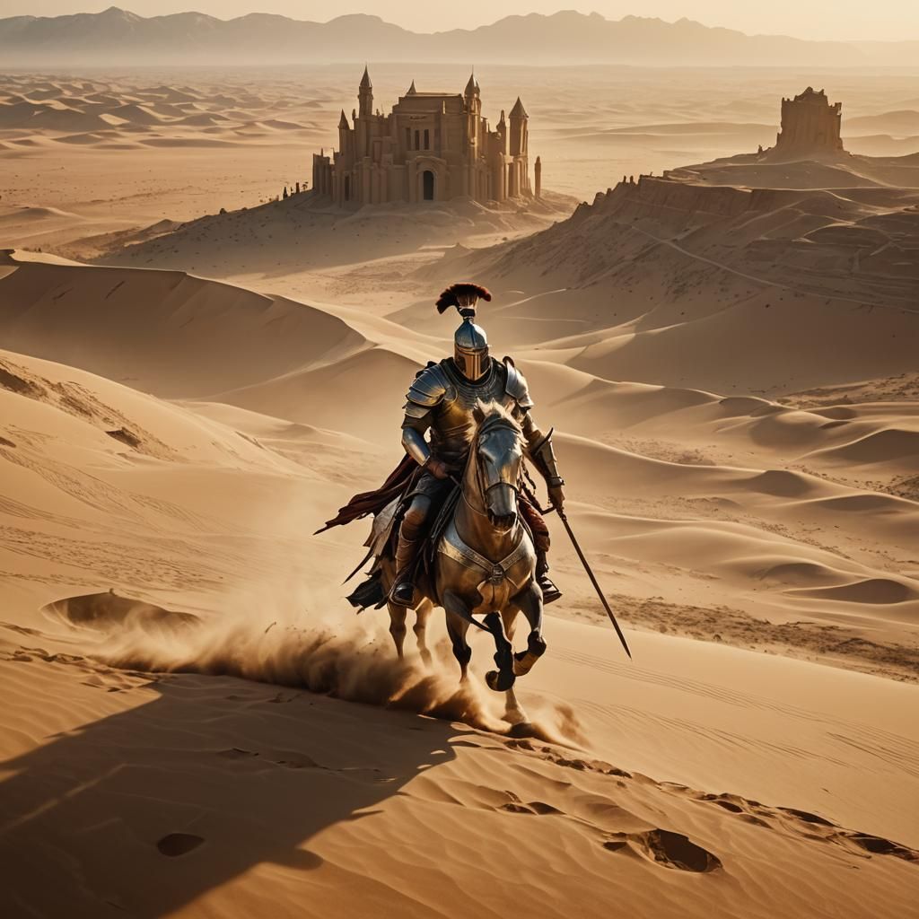Gladiator Galloping Across Golden Desert, Epic Film Still