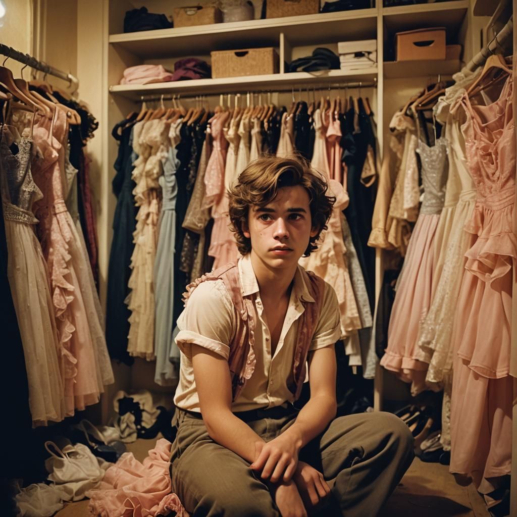 Confused Teen in Bra Before Wardrobe of Dresses