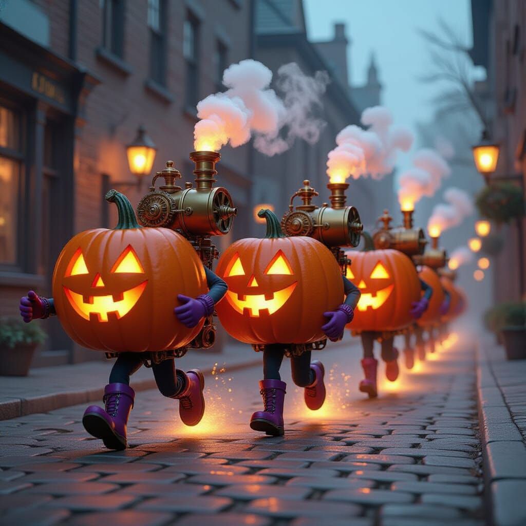 Steampunk Pumpkins with Purple Boots Run Down Cobblestone St...