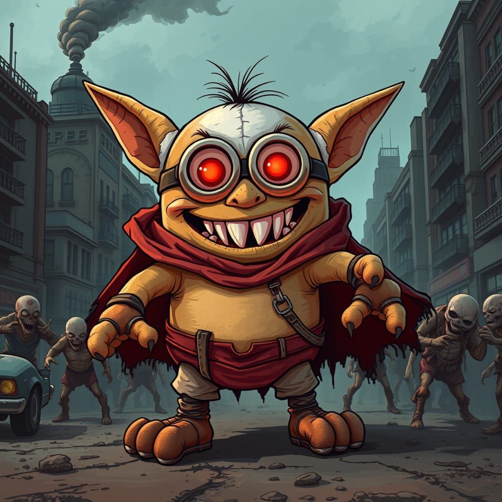 Dark Fantasy Gremlin Minion Fights Zombies in Post-Apocalypt...