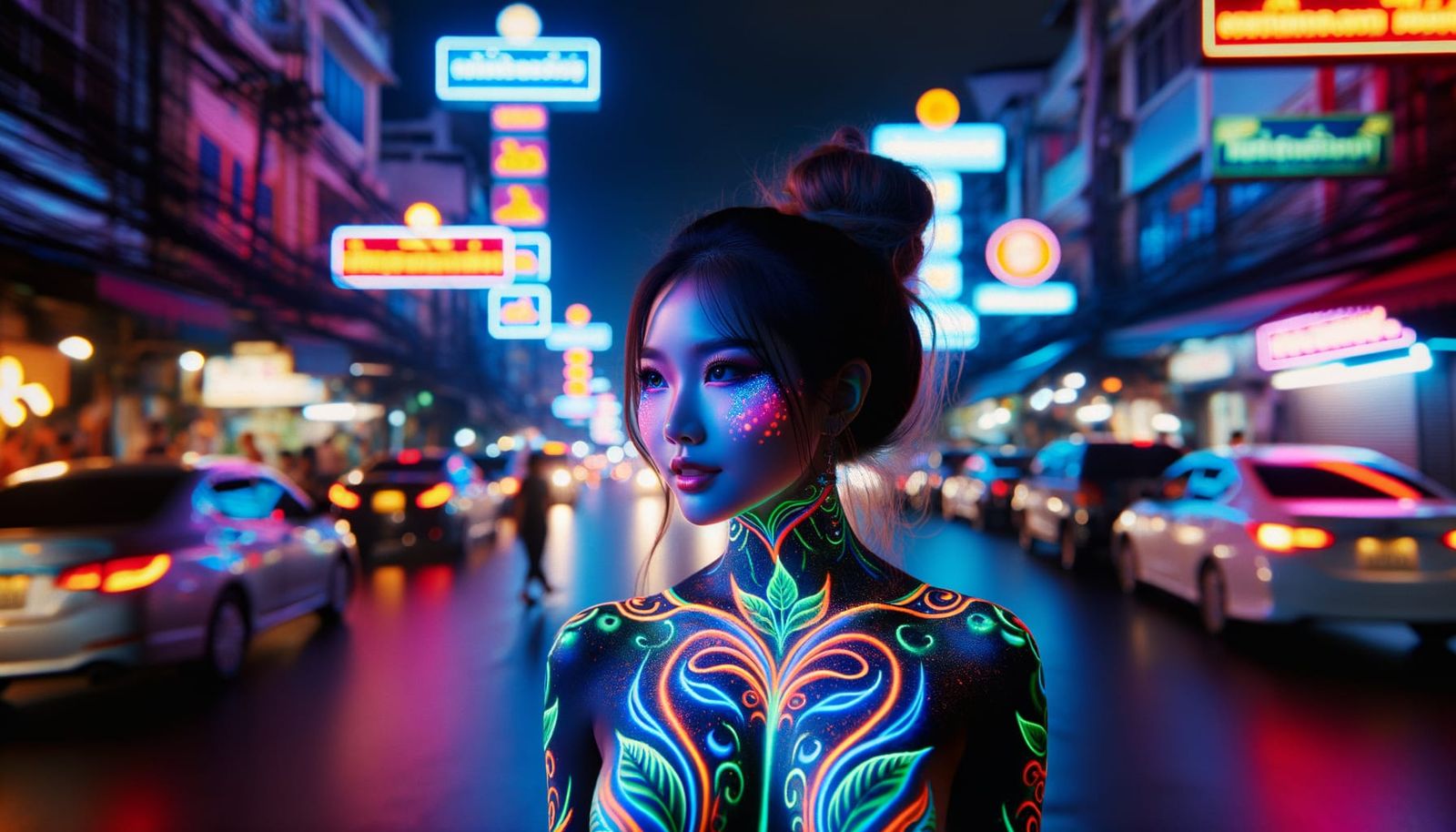 Neon Body Paint Art in Dark Bangkok Street