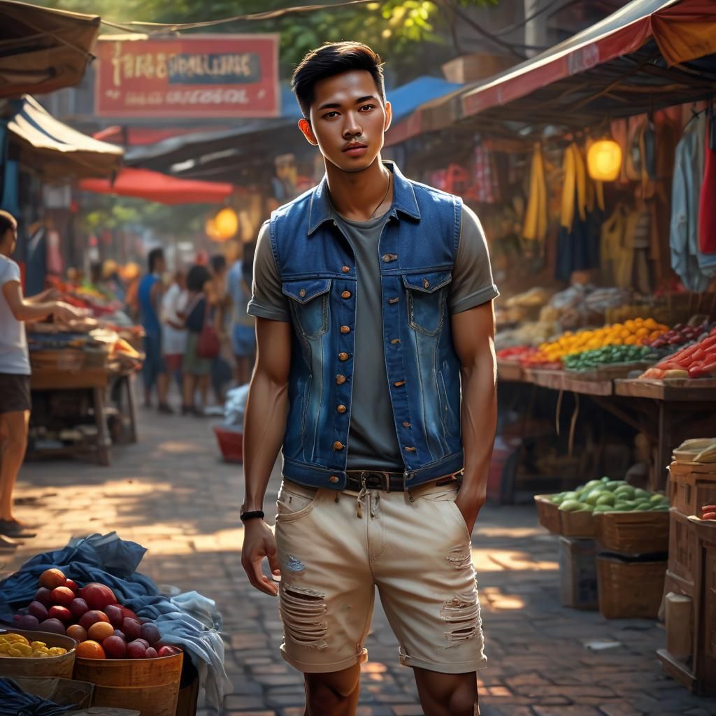Malaysian Man in Street Market, Oil Painting Style