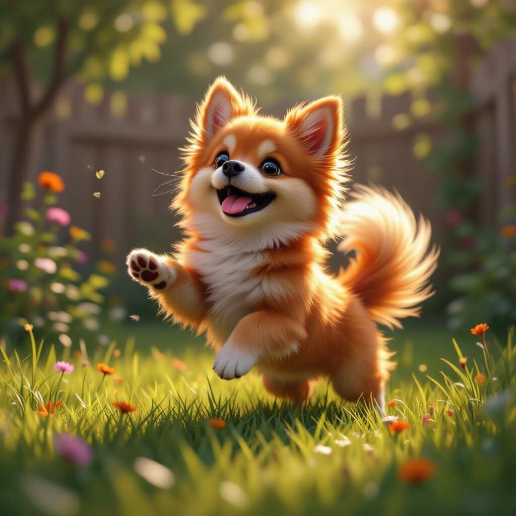 Ginger Dog Chasing Tail in Sunlit Backyard