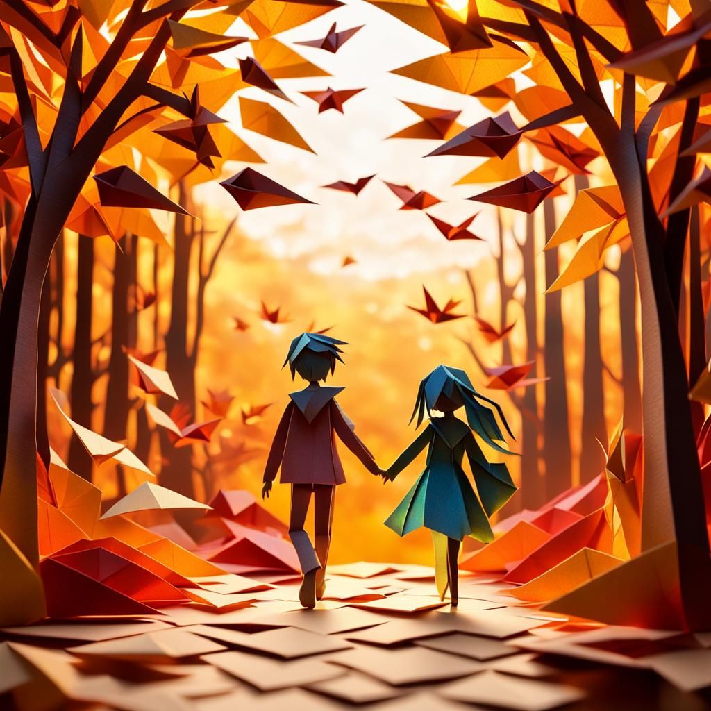 Anime Origami Autumn Forest in 3D
