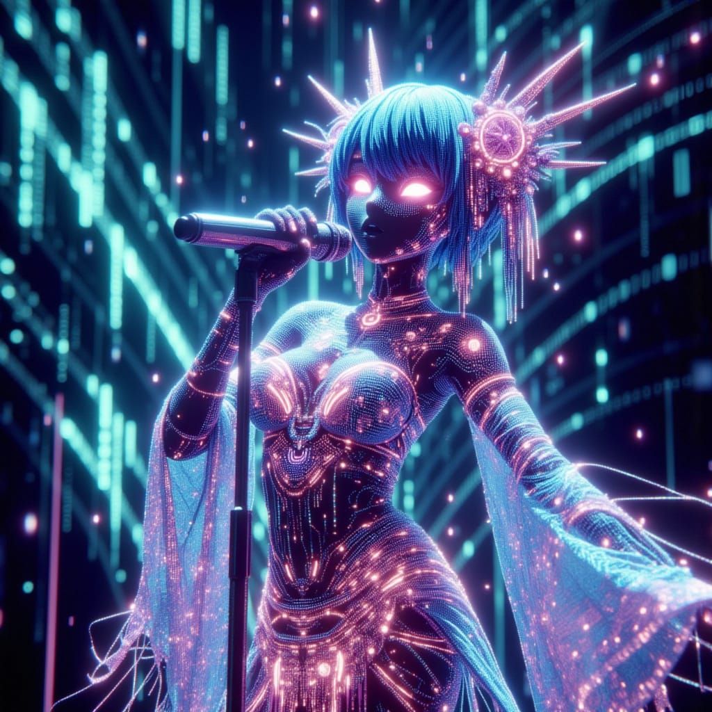 Anime Alien Woman Singing on Stage with Binary Code Aura