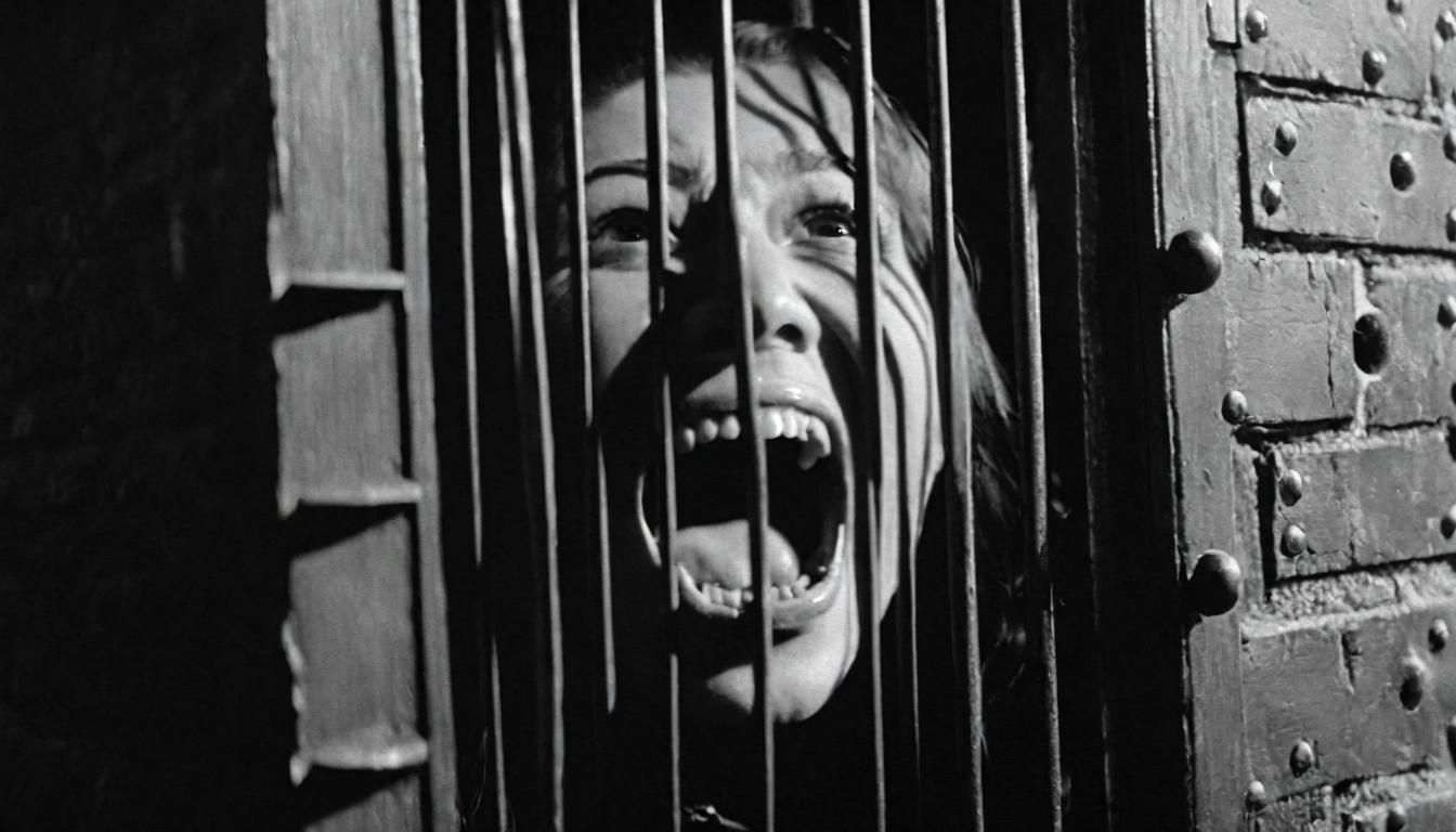 Horror Movie Still: Screaming Mouth at Prison Gate