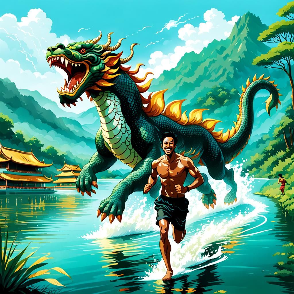 Young Man Runs with Naga Illustration