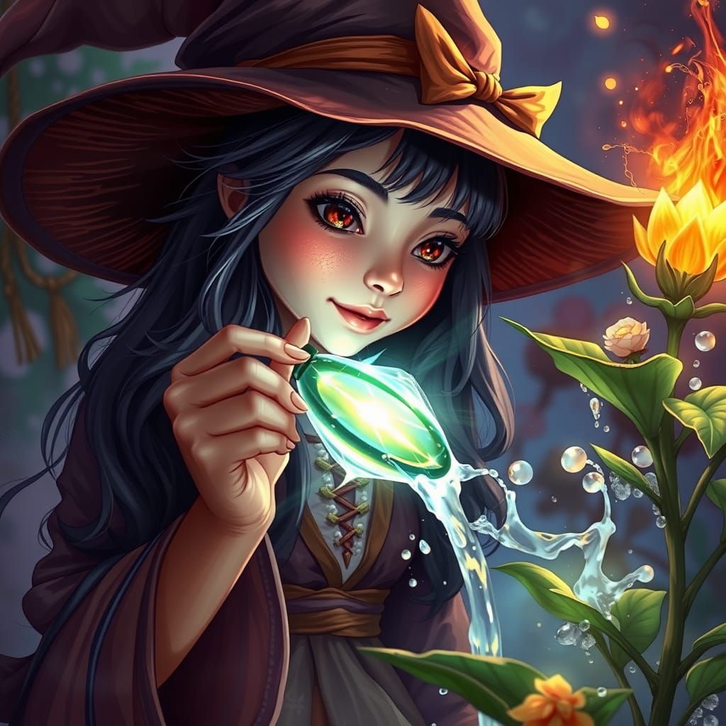 Charming Witch Waters Glowing Magical Plant in Splash Art St...