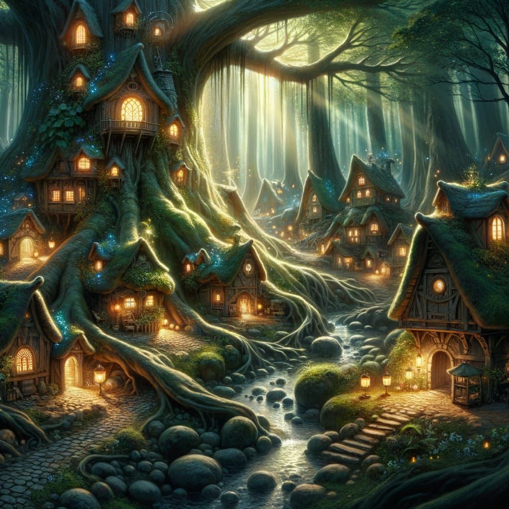 Enchanted Miniature Village in Bioluminescent Tree