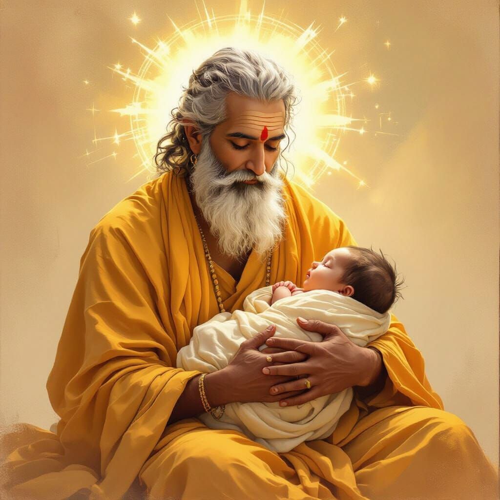 Muni Vishrava Cradles Divine Infant in Golden Light
