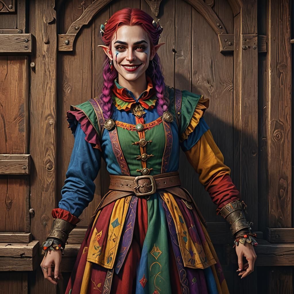 Half-Elf Clown in Medieval Setting: Fantasy Art