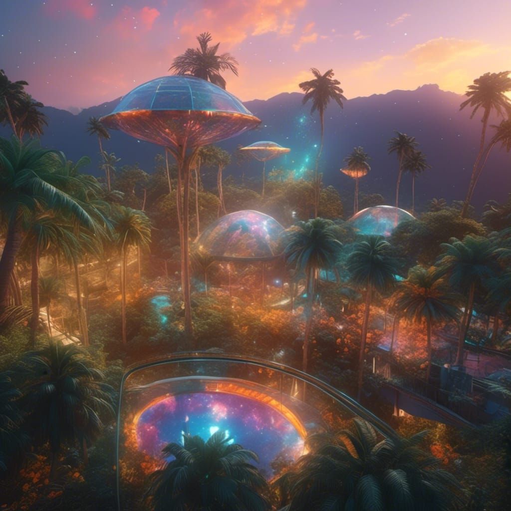 Lush Canopy with Holographic Glass and Parrots