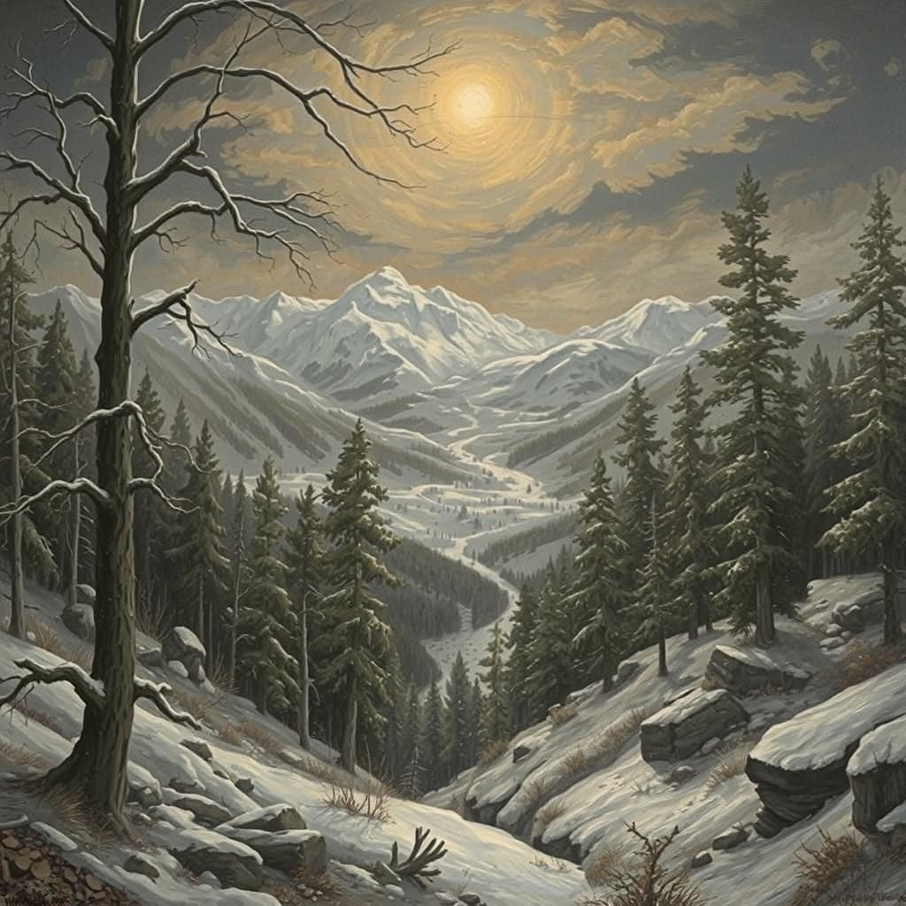 Snowy Mountain Landscape in Lithograph and Oil