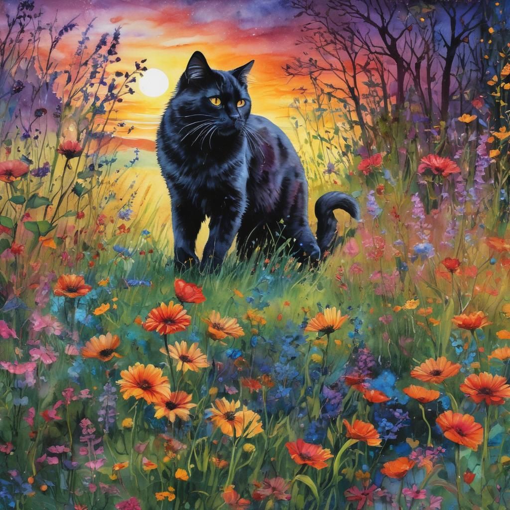 Walking Black Cat in Colorful Watercolor Meadow