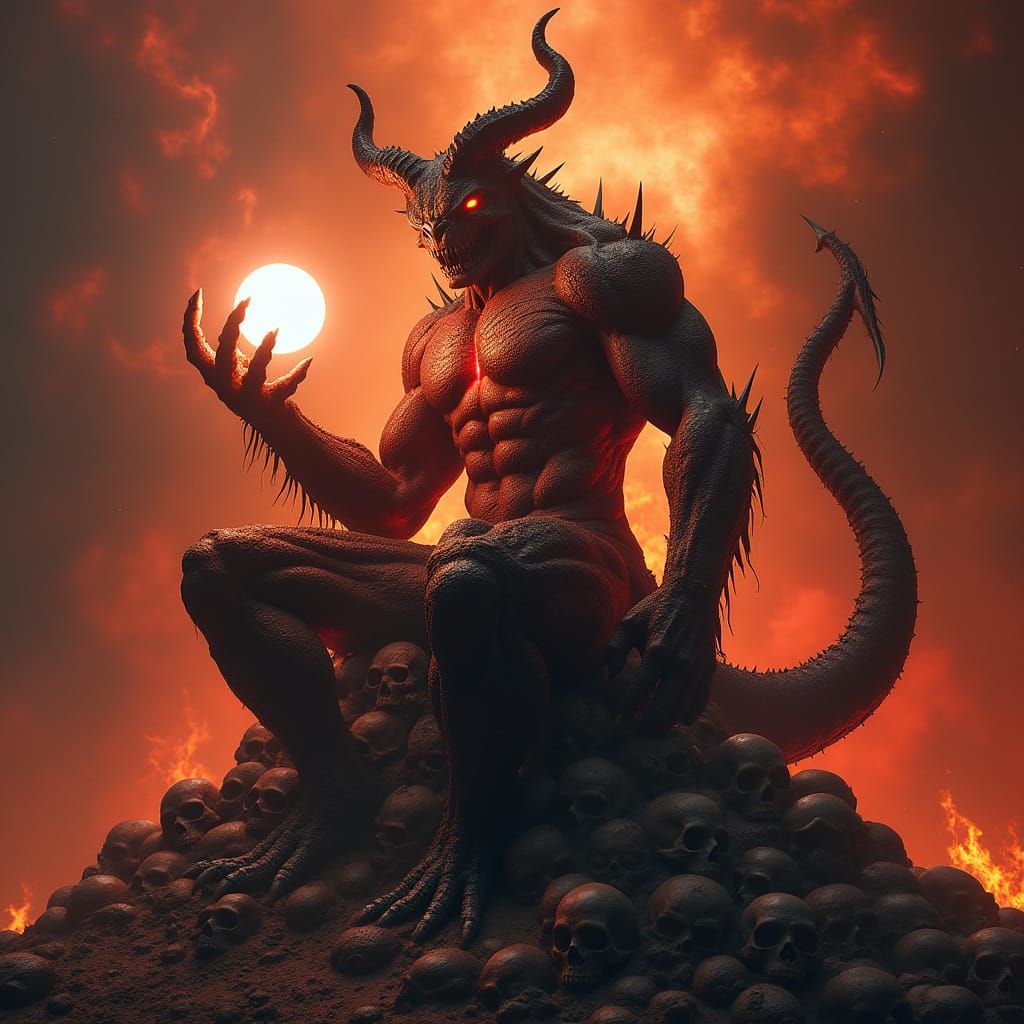 Demonic Deity Holding Cosmic Orb in Fiery Nebula