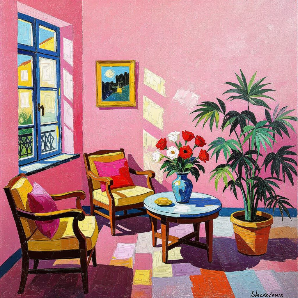 Textured Pink Wallpaper Oil Painting with Bold Colors