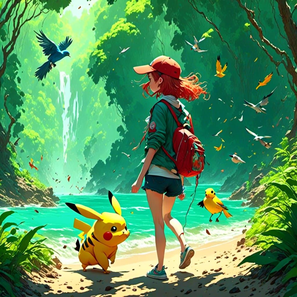 Anime Woman on Beach with Bird Digital Painting