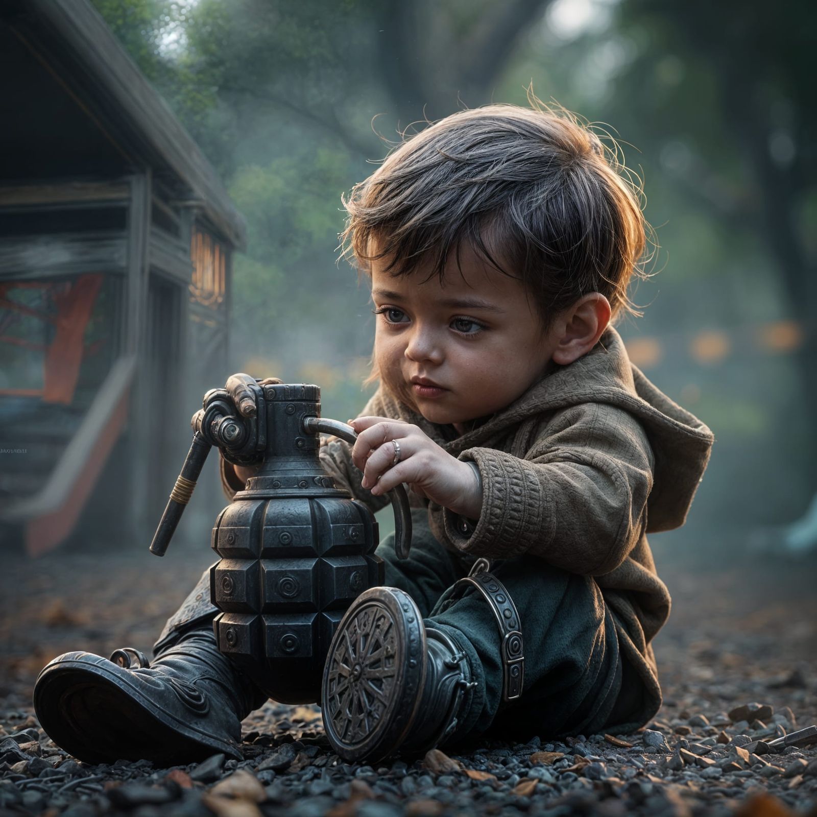 Child Pulls Ring from Combat Grenade in Fantastical Playgrou...