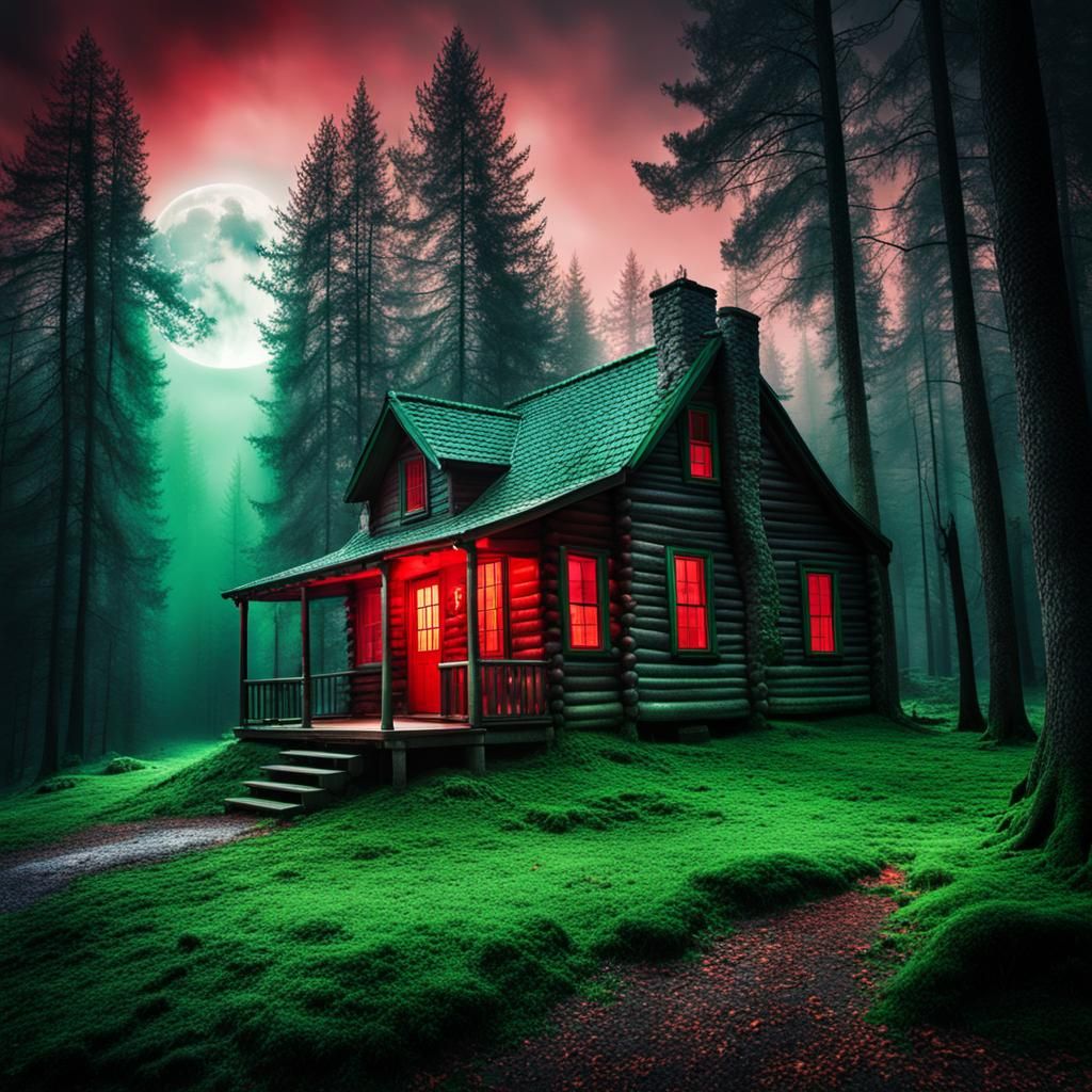 Spooky Cabin in Misty Moonlight Woods