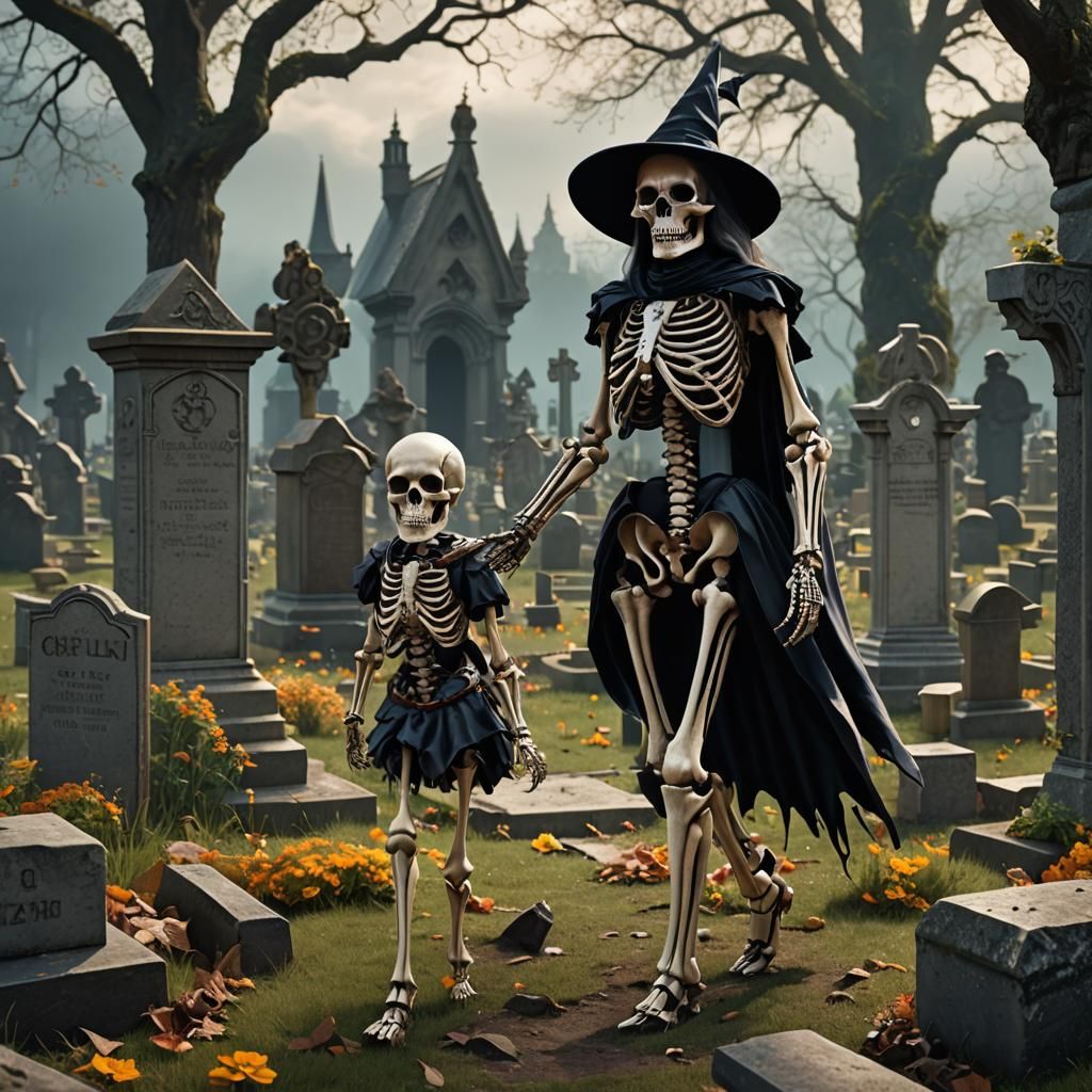 Witch Skeleton in Cemetery: Digital Matte Painting