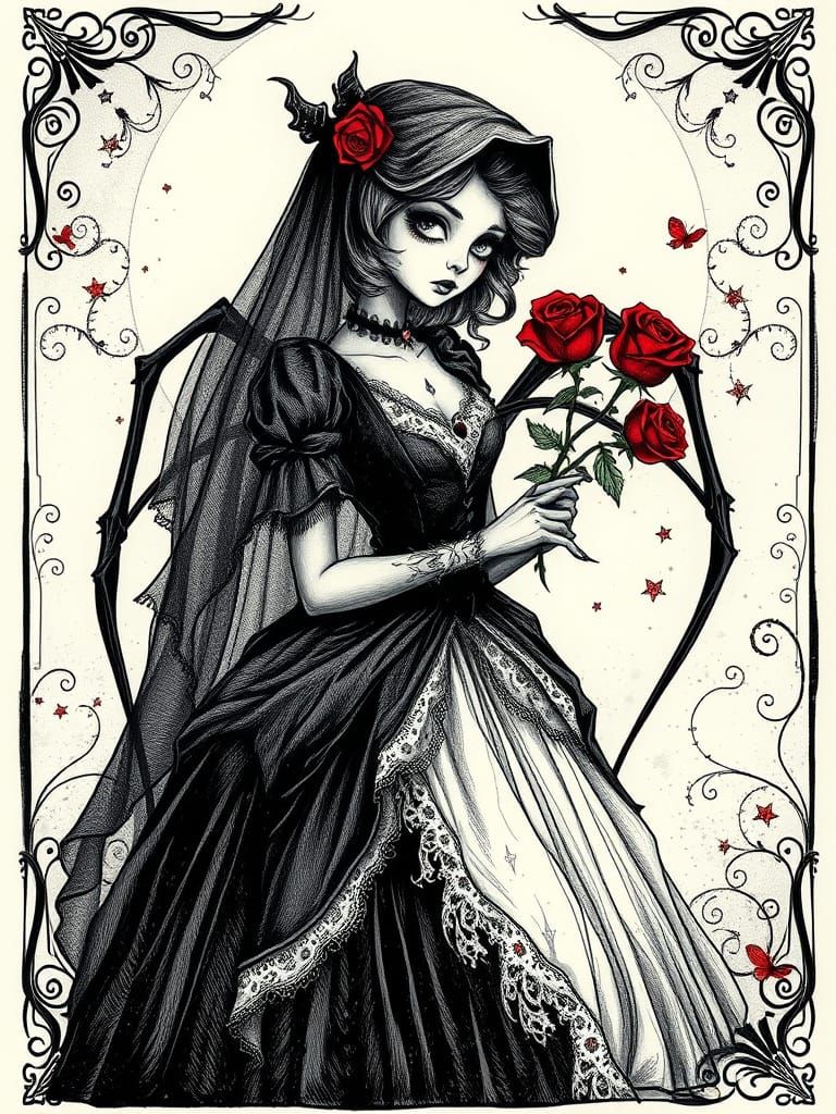 Ethereal Cinderella as Black Widow in Dark, Whimsical Ink Dr...