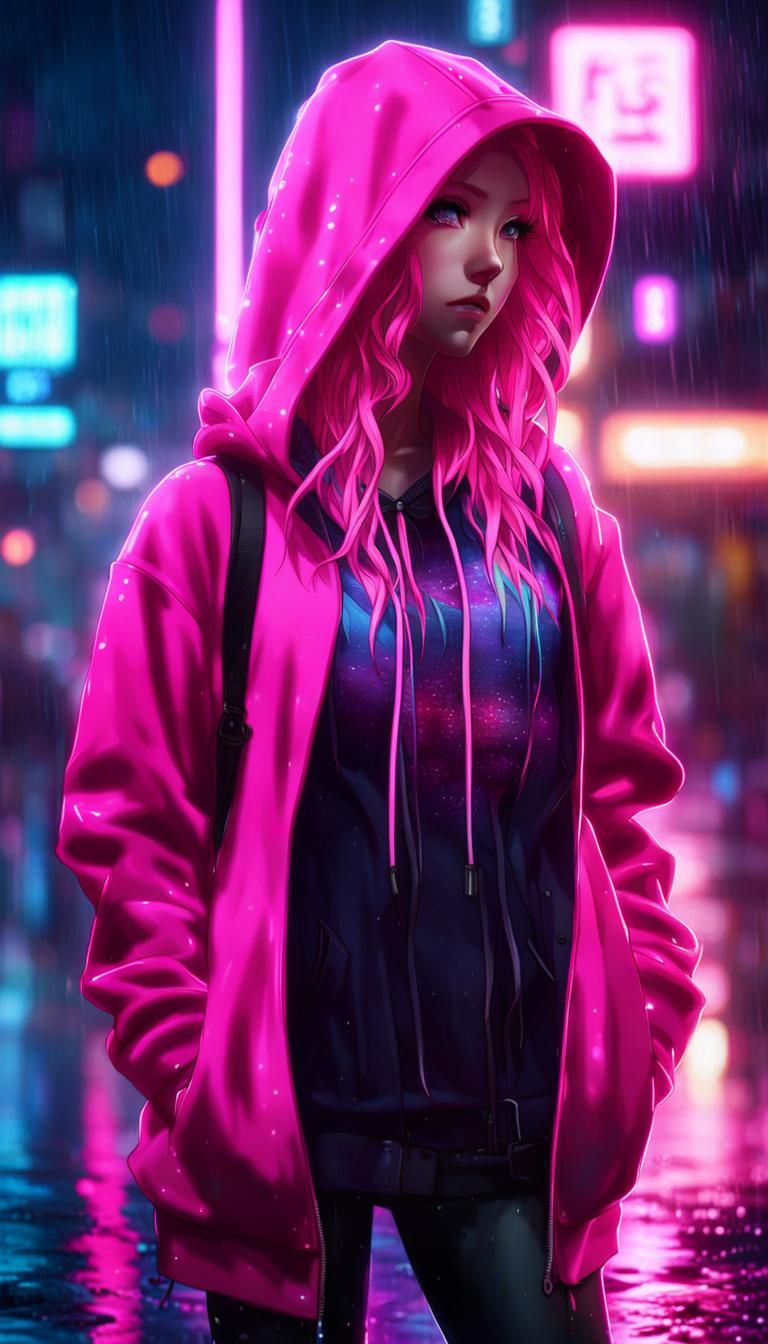 Anime Girl in Rainy Neon Cyberpunk Cityscape
