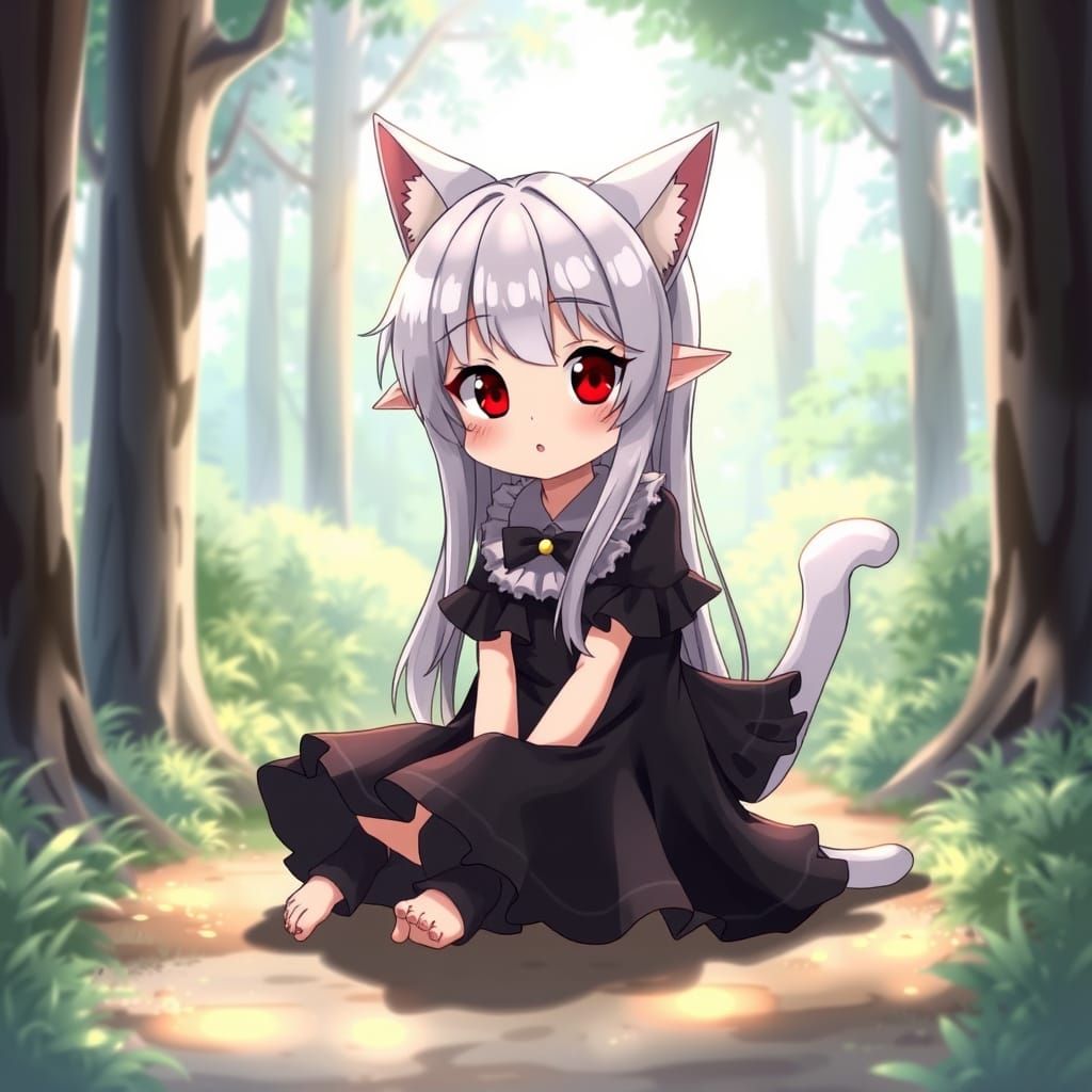 Anime-Style Girl Sits in Whimsical Forest