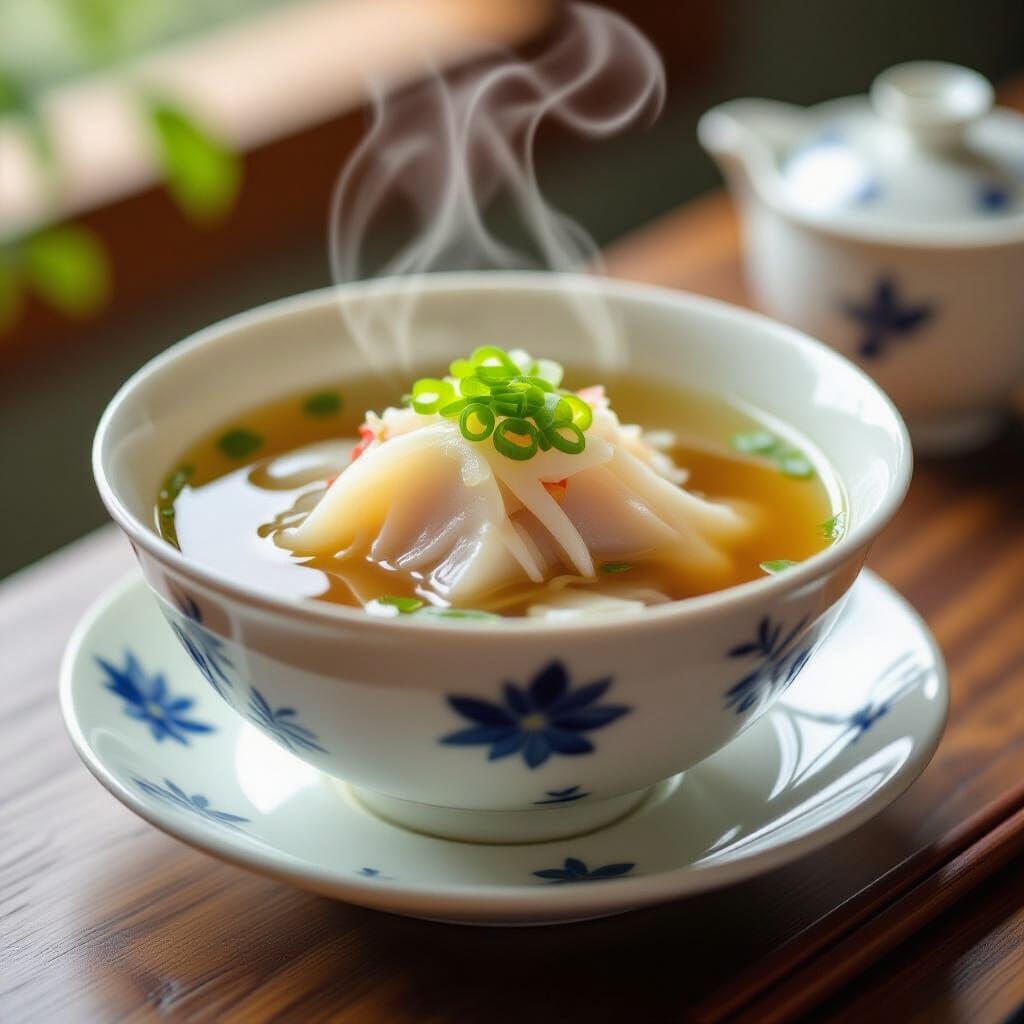 Steaming Bowl of Shark Fin Soup in Still Life Style