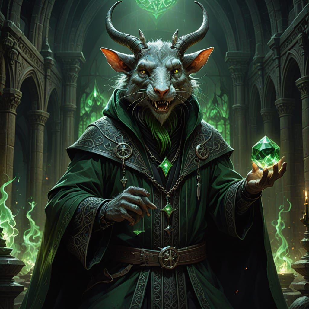 Dark Fantasy Wizard in Grey Robes with Goat Horns and Glowin...