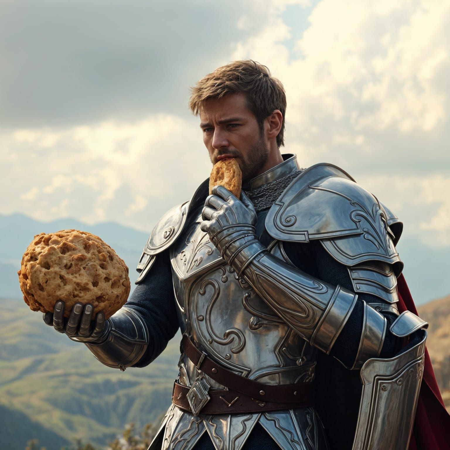 Armored Man Eating Biscuit on Hill