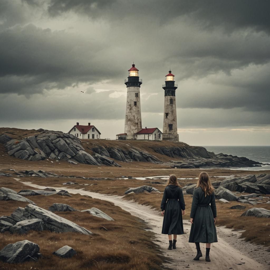 Lighthouse in Desolate Landscape with Frightened Girl