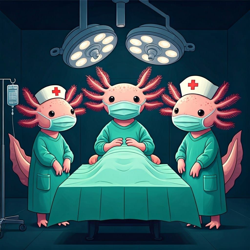 Cute Cartoon Axolotl Doctors in Colourful Scrubs Perform Sur...