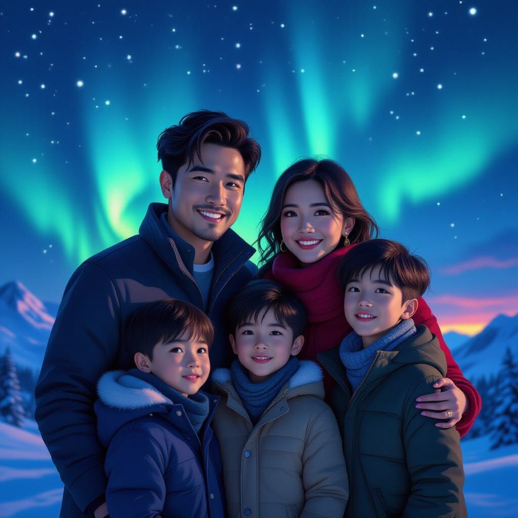 ASEAN Family Marvels at Northern Lights in Concept Art Style