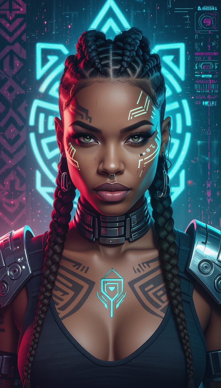 Fierce Cyberpunk Woman with Neon Tattoos