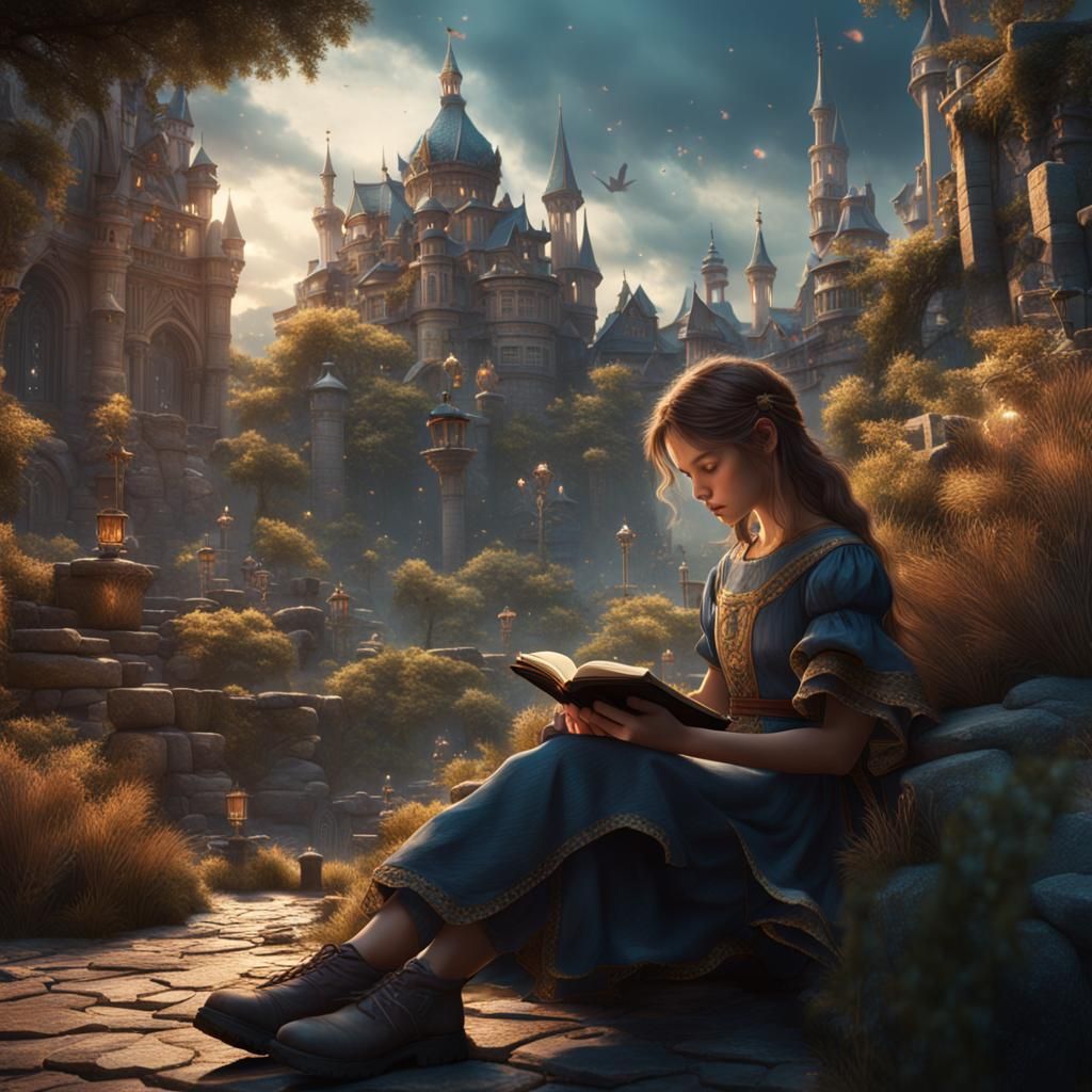 Girl Reading in Detailed Fantasy Art Style