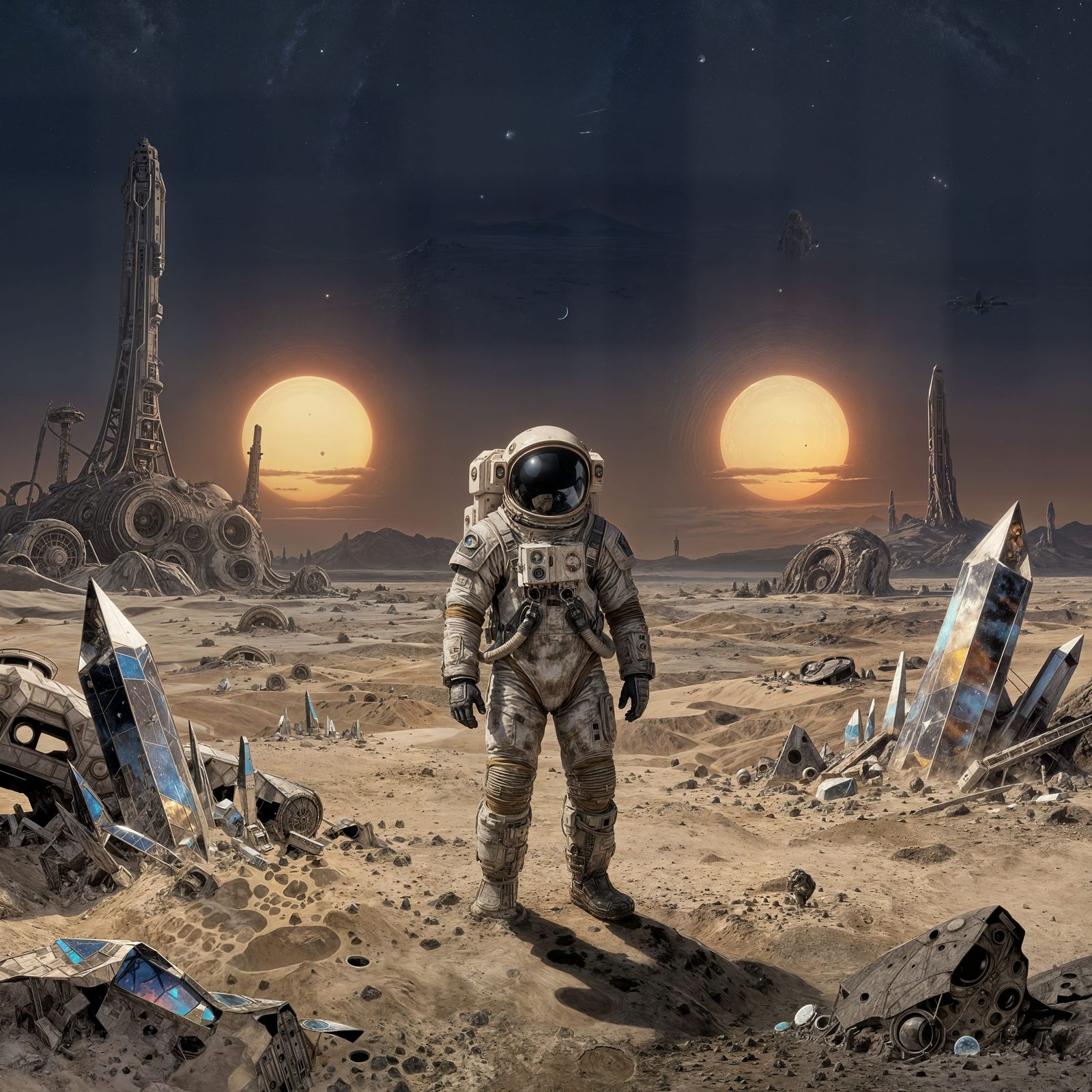 Astronaut on Alien World with Two Suns