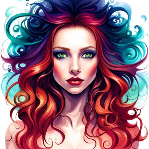 Ethereal Girl with Red Hair, Whimsical Illustration