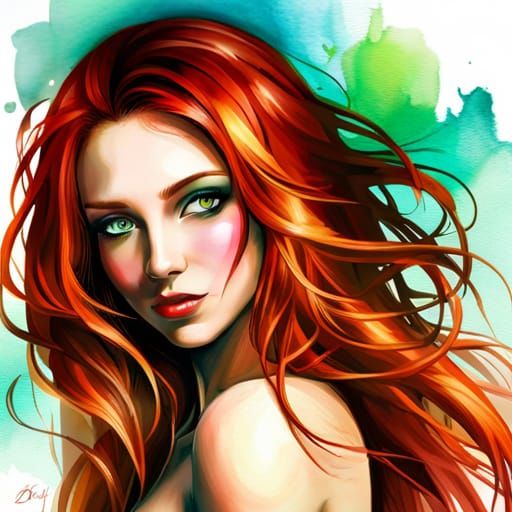 Ethereal Red-Haired Girl in Fantasy Watercolor Style